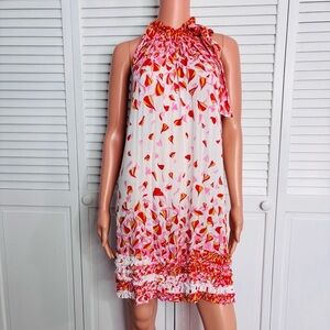 POUPETTE ST BARTH Annie Pink Petal Print Mini Halterneck Dress Size M/L